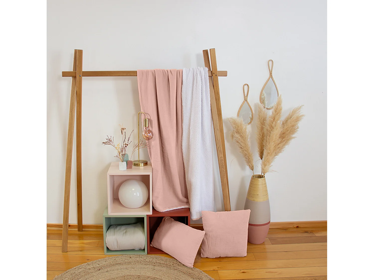 Plaid 130x170 cm double gaze de coton GAZE & SHERPA rose pêche