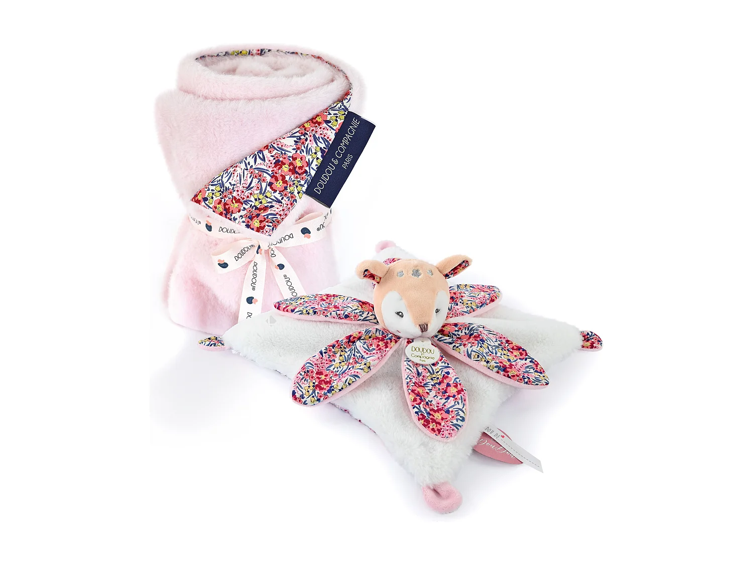Duo plaid + doudou pétale polyester DUO BOH'AIME faon rose 2 pièces
