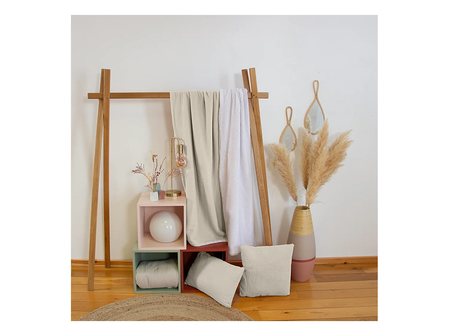 Plaid 130x170 cm double gaze de coton GAZE & SHERPA beige galet