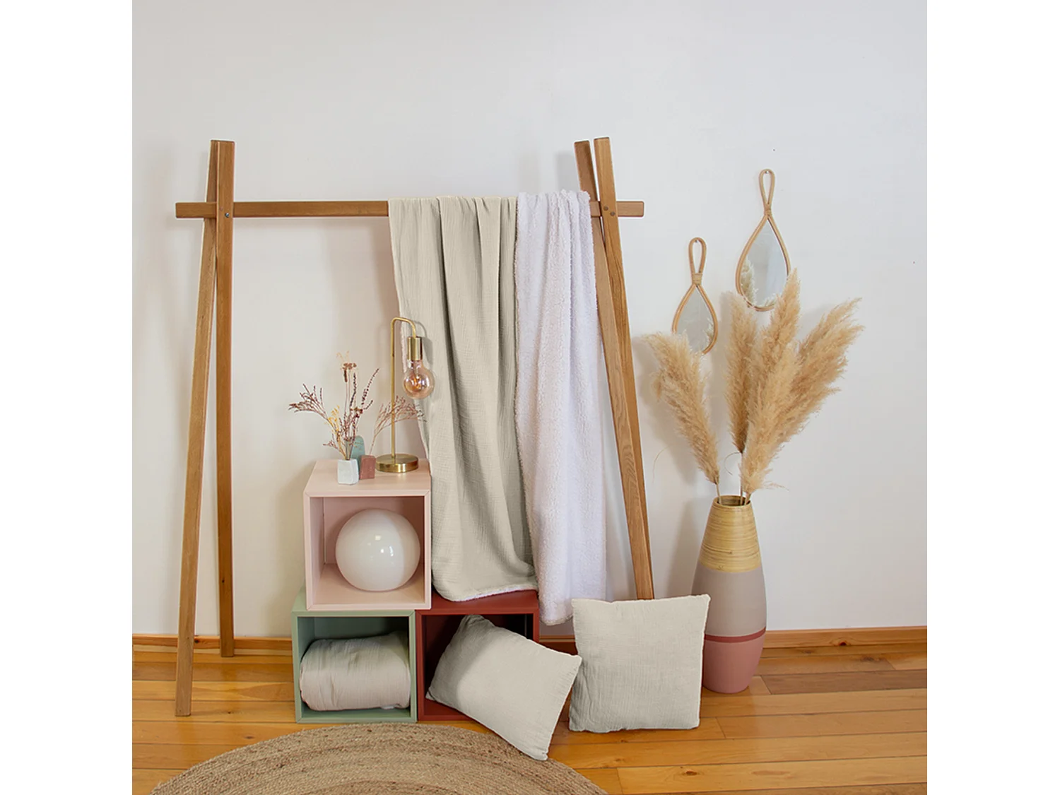 Plaid 130x170 cm double gaze de coton GAZE & SHERPA beige galet