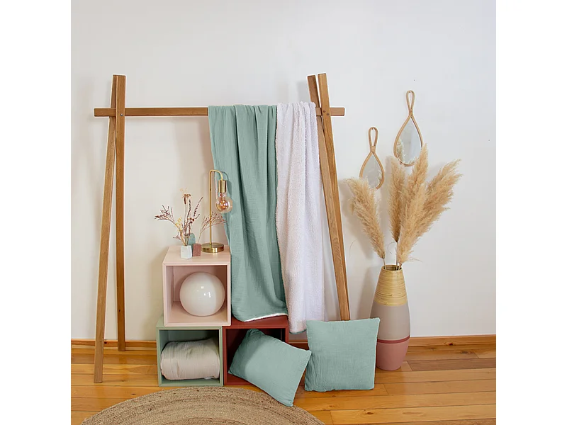 Plaid 130x170 cm double gaze de coton GAZE & SHERPA vert amande
