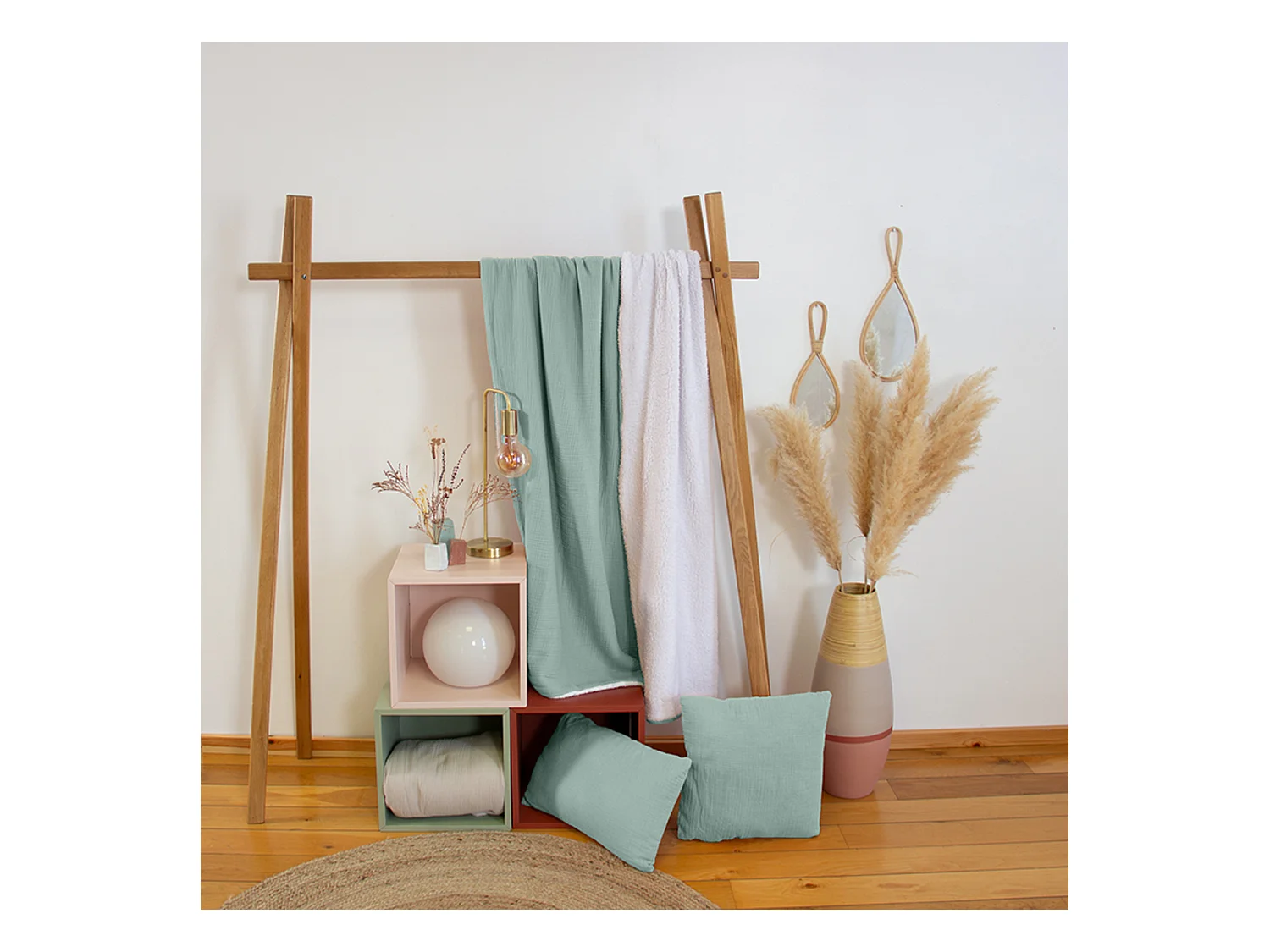 Plaid 130x170 cm double gaze de coton GAZE & SHERPA vert amande