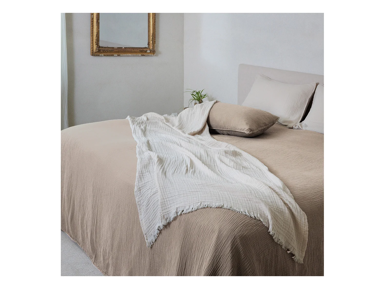 Plaid 180x240 cm en mousseline de coton collection PAROS beige chanvre
