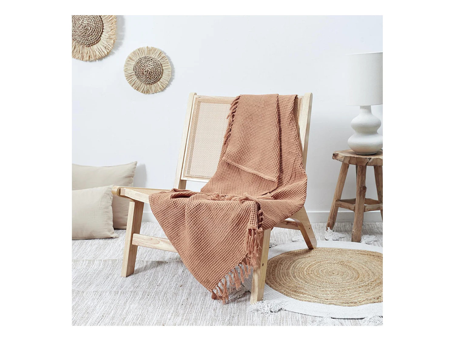 Jeté de canapé à franges gaufré 120x150 cm collection LAURY orange ocre