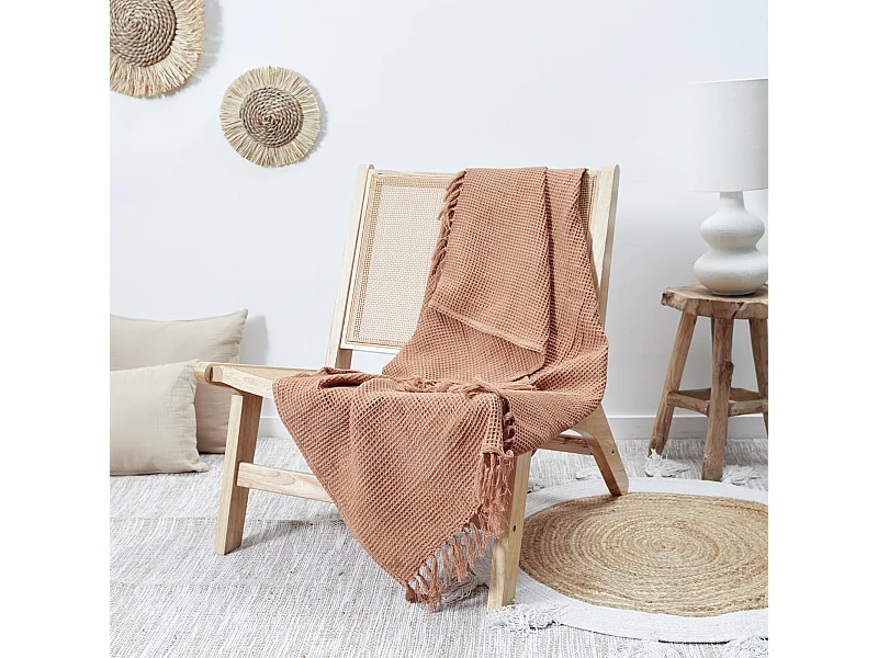 Jeté de canapé à franges gaufré 120x150 cm collection LAURY orange ocre