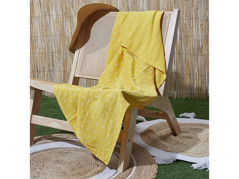 Plaid 120x150 cm LUCIE gaze de coton motif feuilles jaune