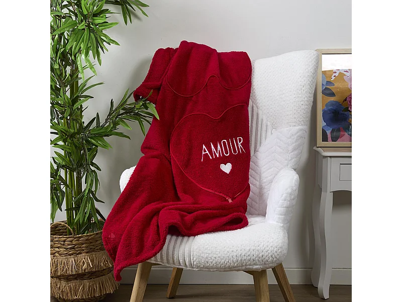 Coussin et plaid 120x150 cm polyester forme de coeur AMOUR TOUJOURS rouge