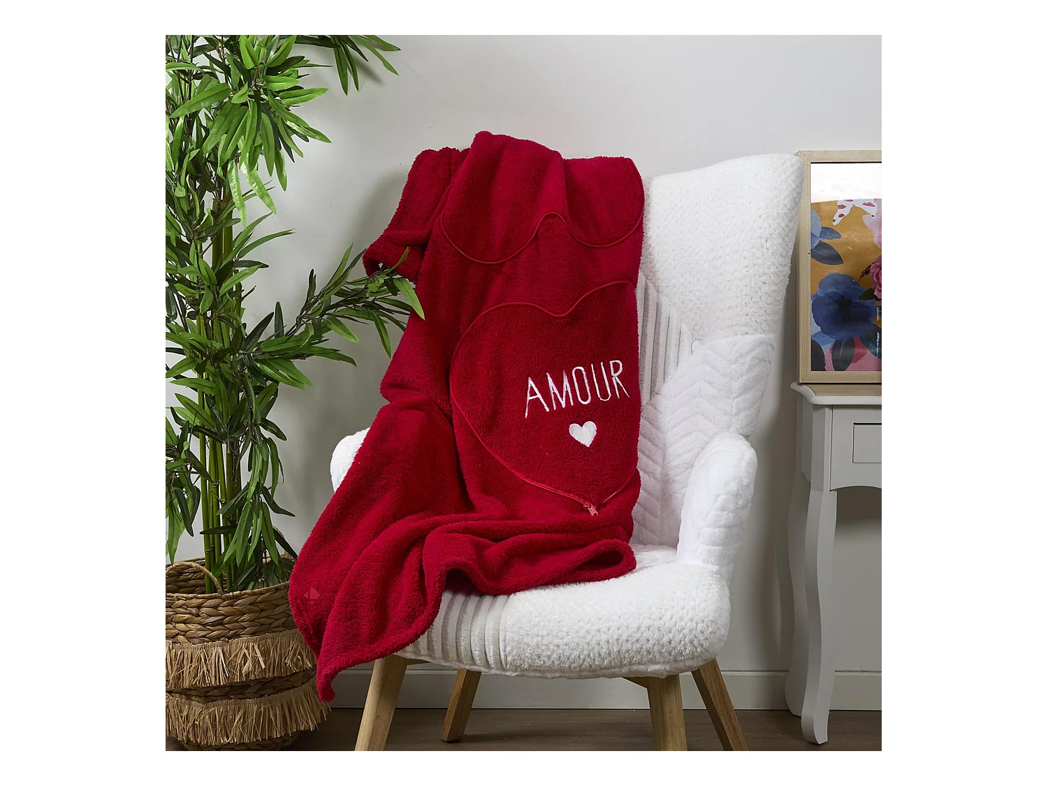 Coussin et plaid 120x150 cm polyester forme de coeur AMOUR TOUJOURS rouge