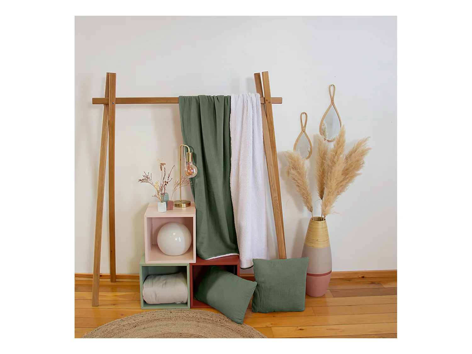 Plaid 130x170 cm double gaze de coton GAZE & SHERPA vert kaki