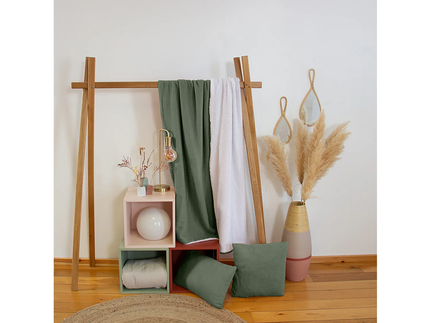 Plaid 130x170 cm double gaze de coton GAZE & SHERPA vert kaki