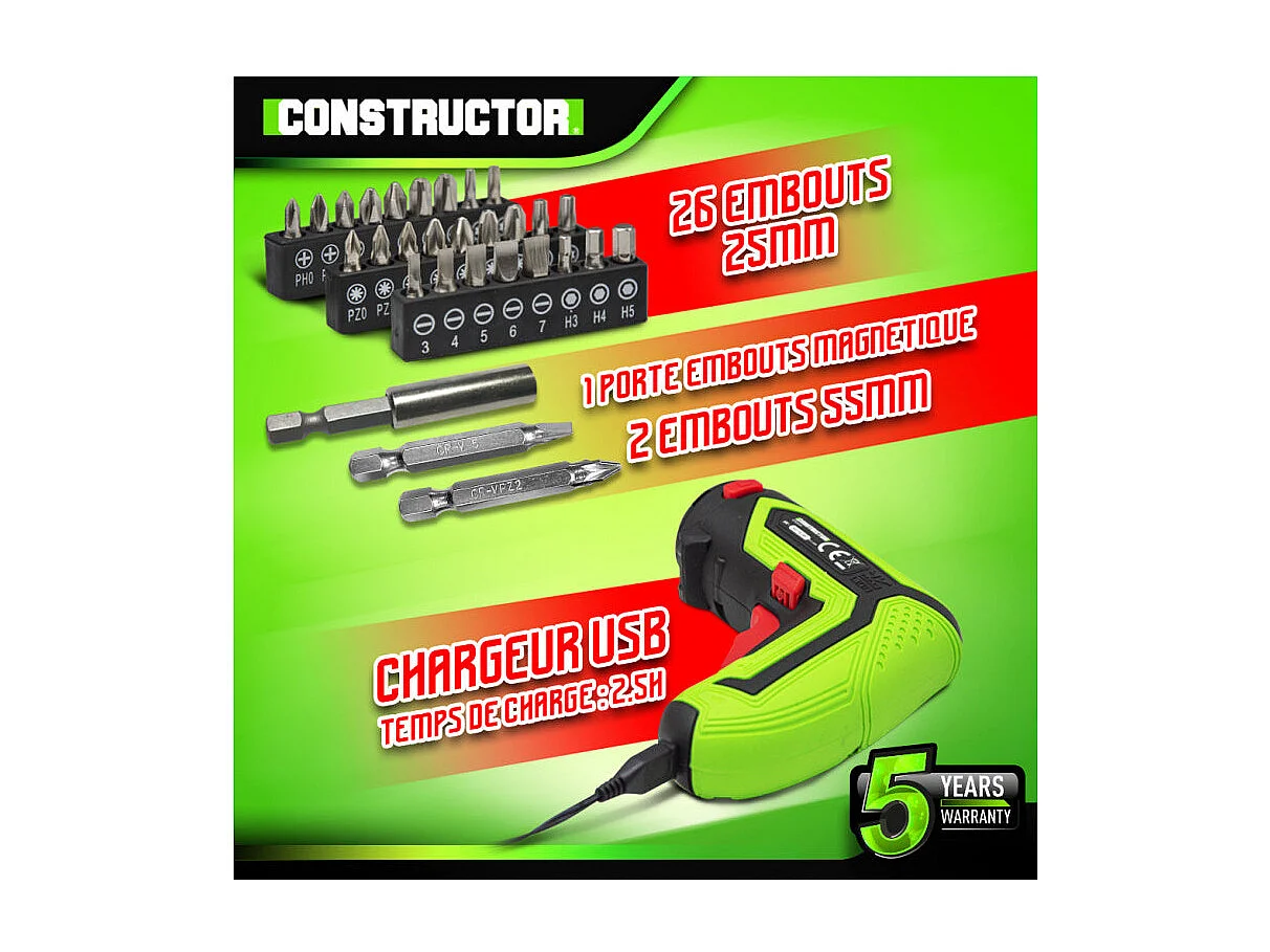 Tournevis rechargeable 4V Lithium + accessoires - Constructor