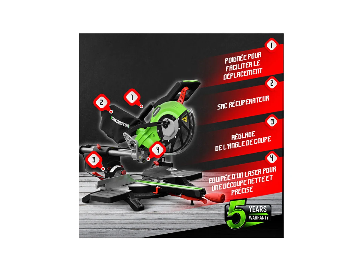 Scie à onglets radiale Constructor - 1800 W - 210 mm - Double inclinaison - Laser
