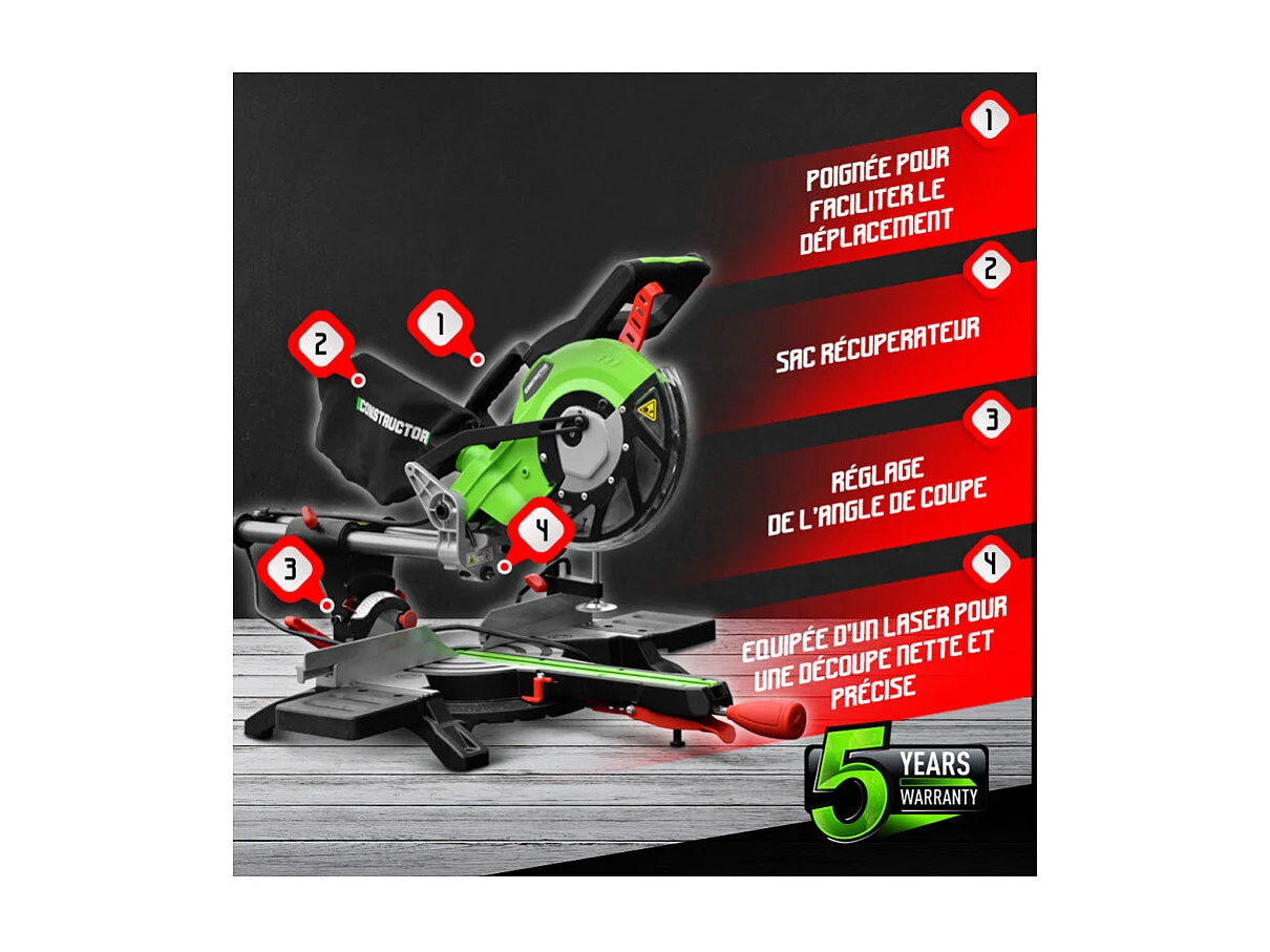 Scie à onglets radiale Constructor - 1800 W - 210 mm - Double inclinaison - Laser