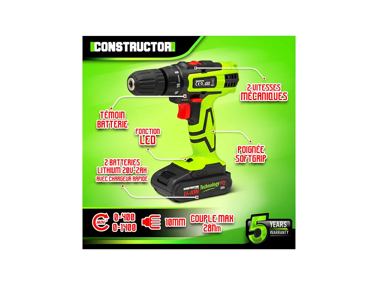 Perceuse-visseuse Constructor 20V Lithium 2 batteries