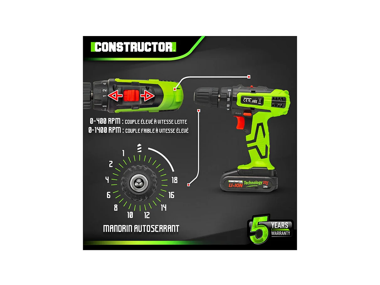 Perceuse-visseuse Constructor 20V Lithium 2 batteries
