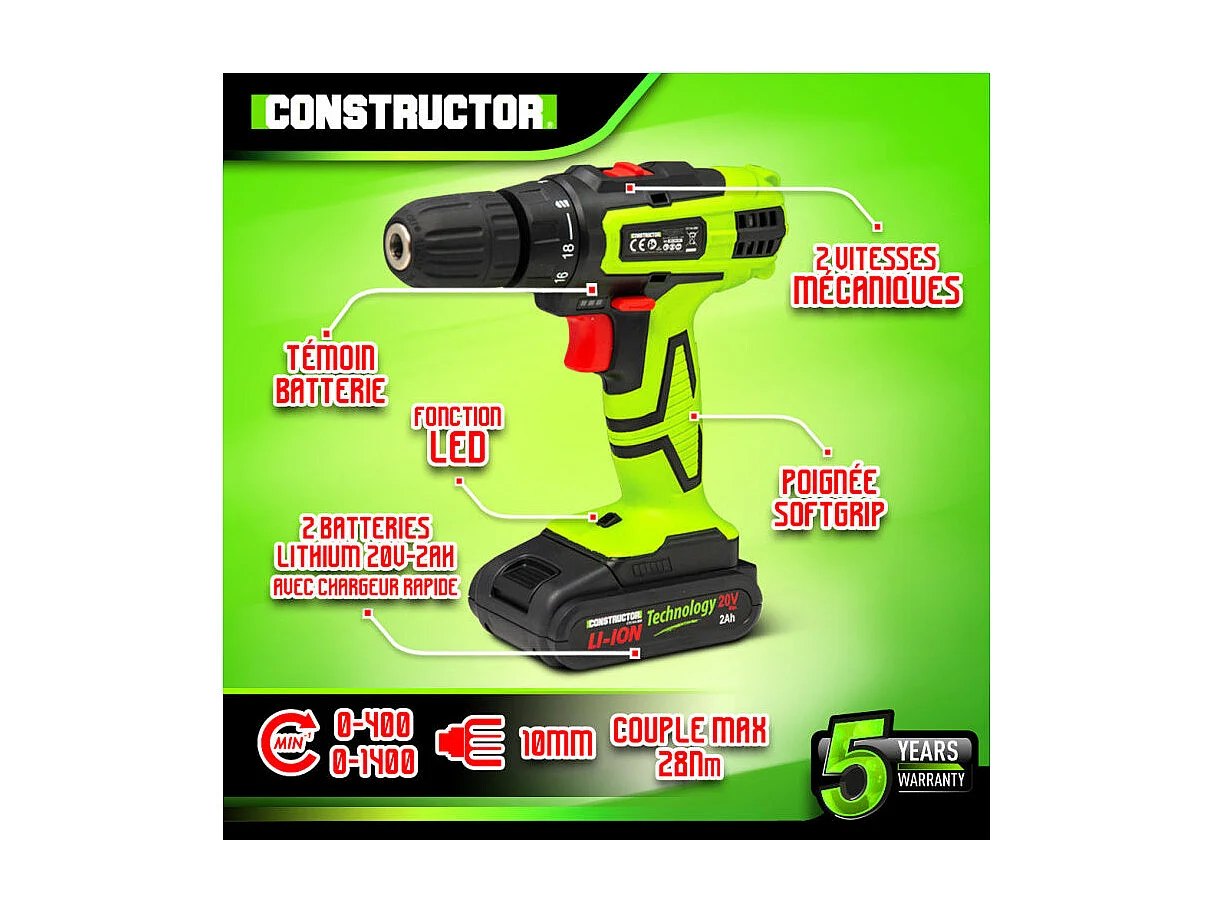 Perceuse-visseuse Constructor 20V Lithium 2 batteries