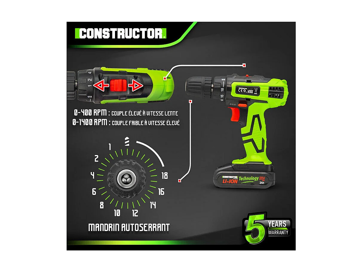 Perceuse-visseuse Constructor 20V Lithium 2 batteries