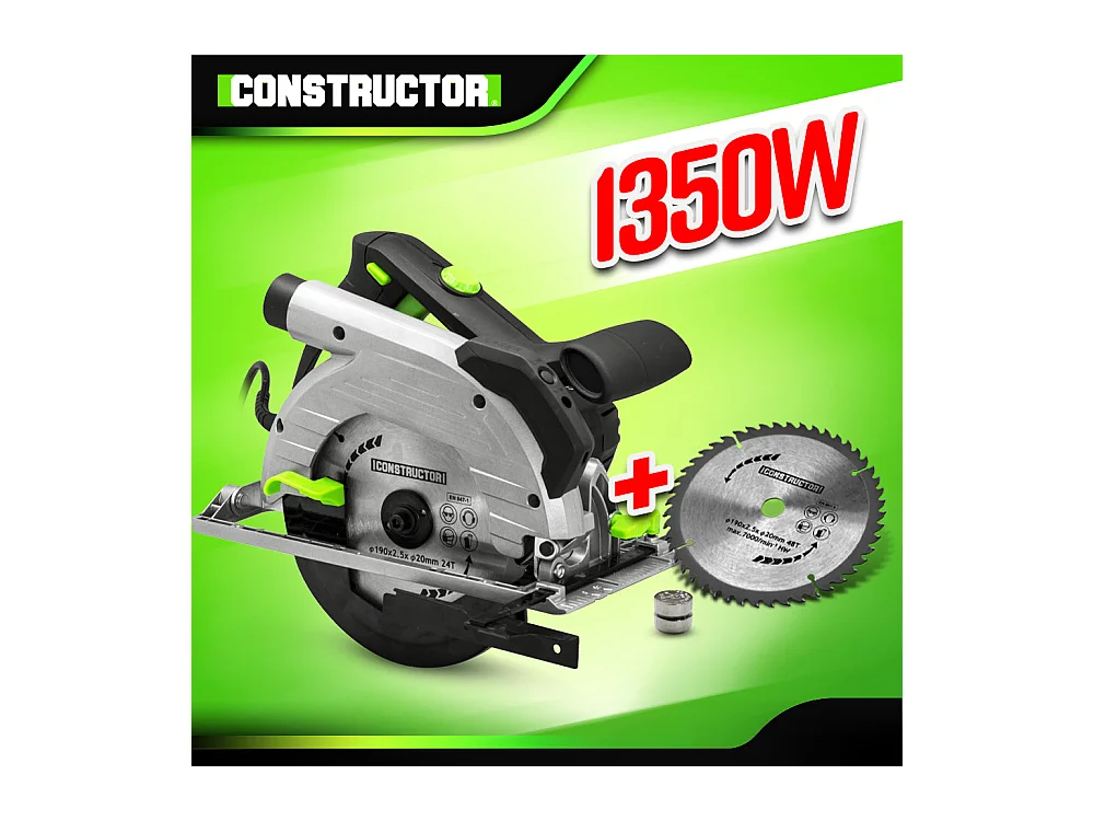 Scie circulaire Constructor 1350 W – 190 mm, coupe précise, 2 lames incluses