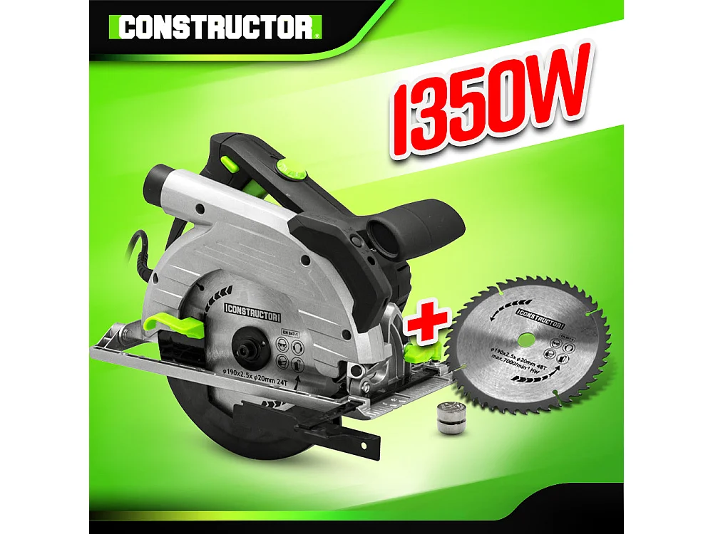 Cirkelzaag Constructor 1350 W – 190 mm, nauwkeurige snede, 2 zaagbladen inbegrepen