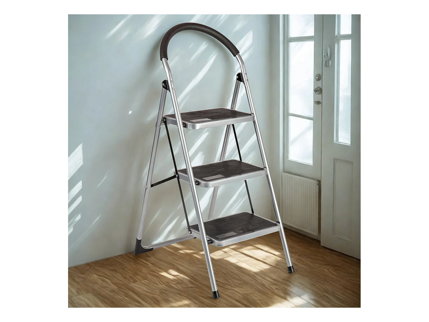 Trapladder 3 treden in gelakt staal 1,13 m met comfortabele steun en extra brede treden
