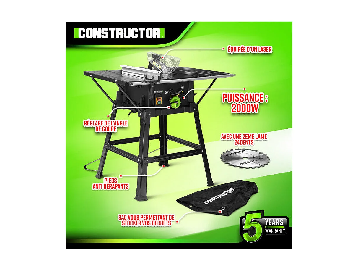 Tafelcirkelzaag Constructor 2000 W - 254 mm, met 2 bladen