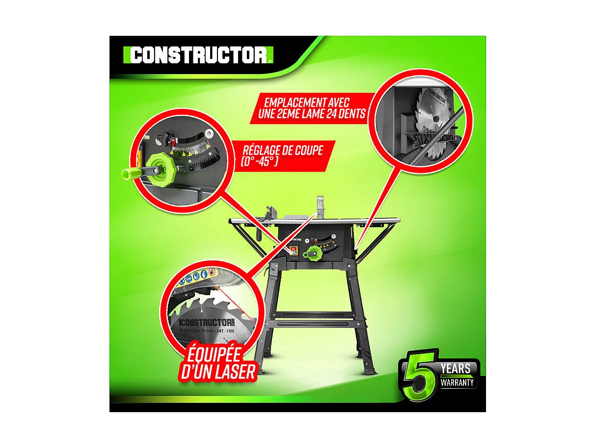 Tafelcirkelzaag Constructor 2000 W - 254 mm, met 2 bladen