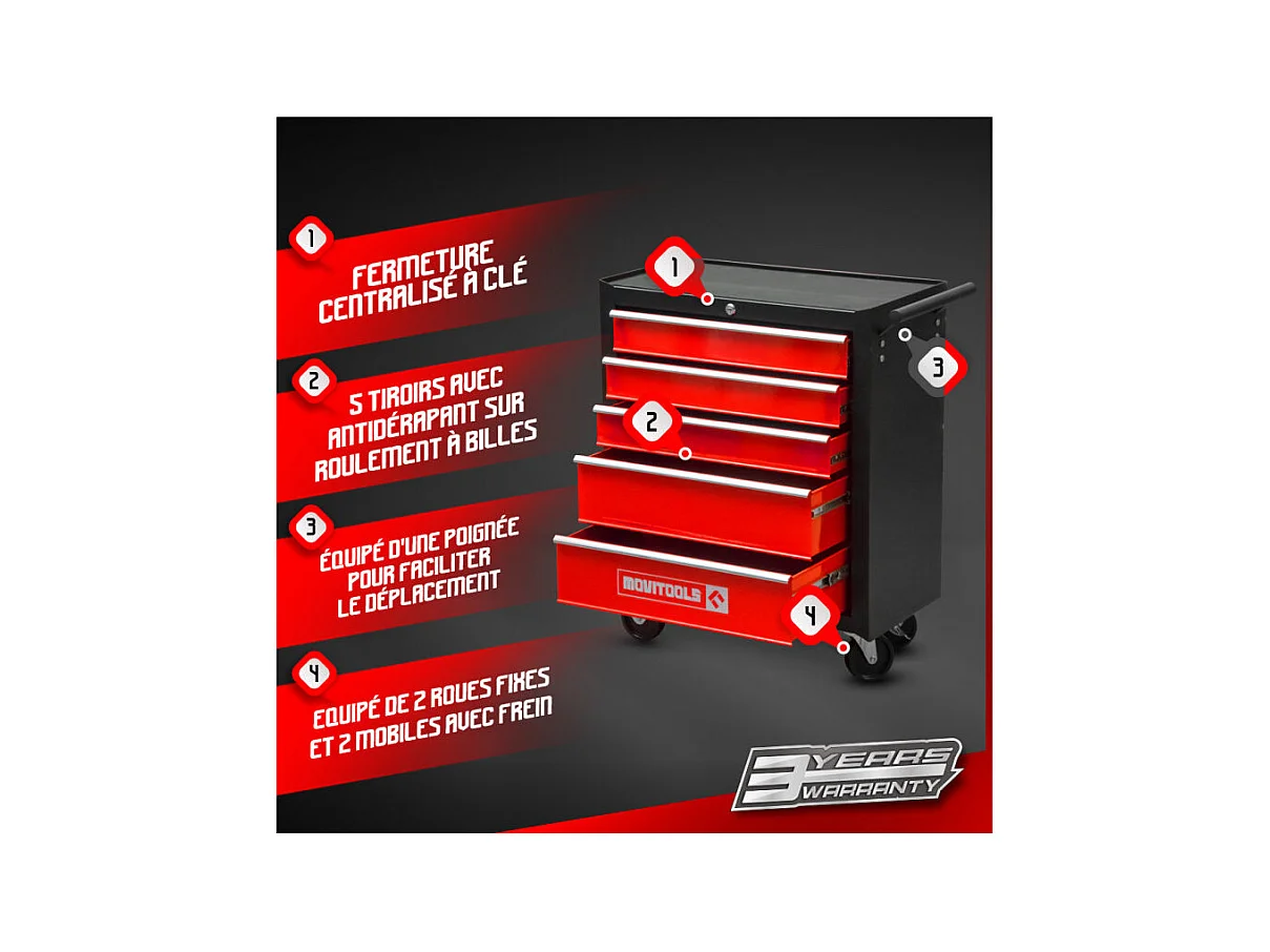 Werkplaatswagen van metaal met 5 laden - Movitools