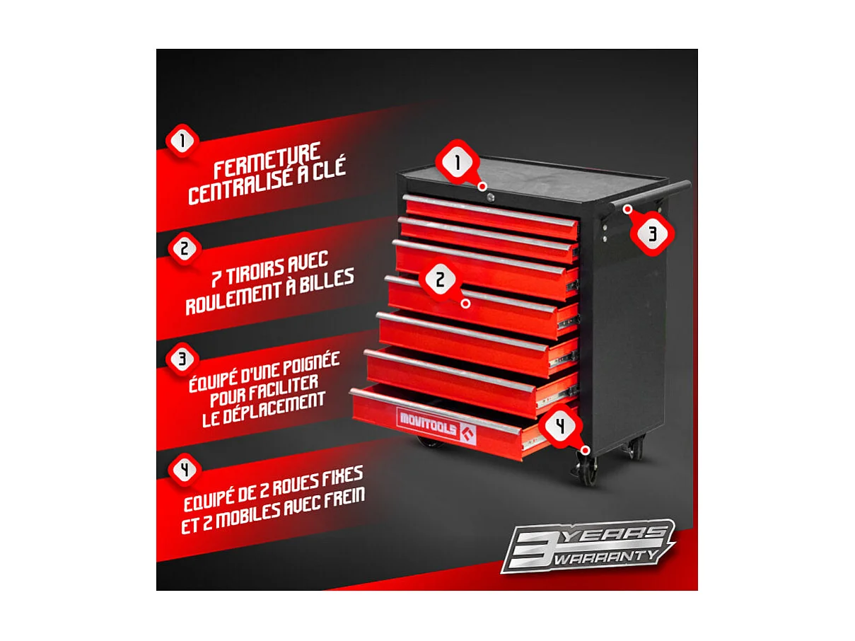 Metalen werkplaatswagen met 7 laden - Movitools