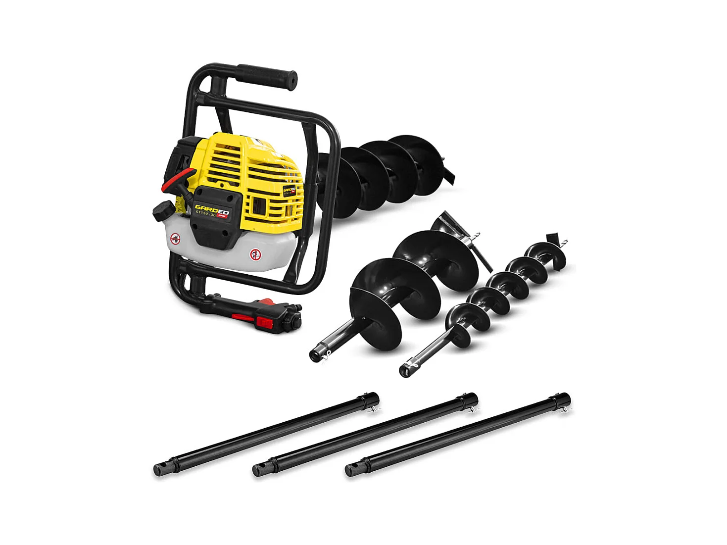 Tarière Thermique Gardeo Pro 52 cc - 3 Mèches (100, 150, 200 mm) et 3 Rallonges 60 cm