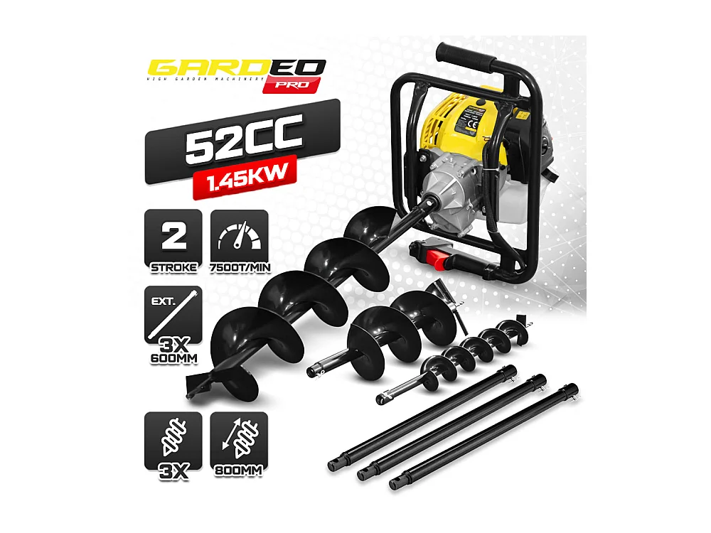 Tarière Thermique Gardeo Pro 52 cc - 3 Mèches (100, 150, 200 mm) et 3 Rallonges 60 cm