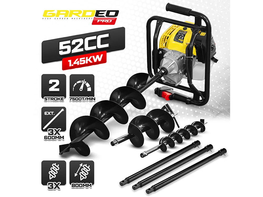 Tarière Thermique Gardeo Pro 52 cc - 3 Mèches (100, 150, 200 mm) et 3 Rallonges 60 cm