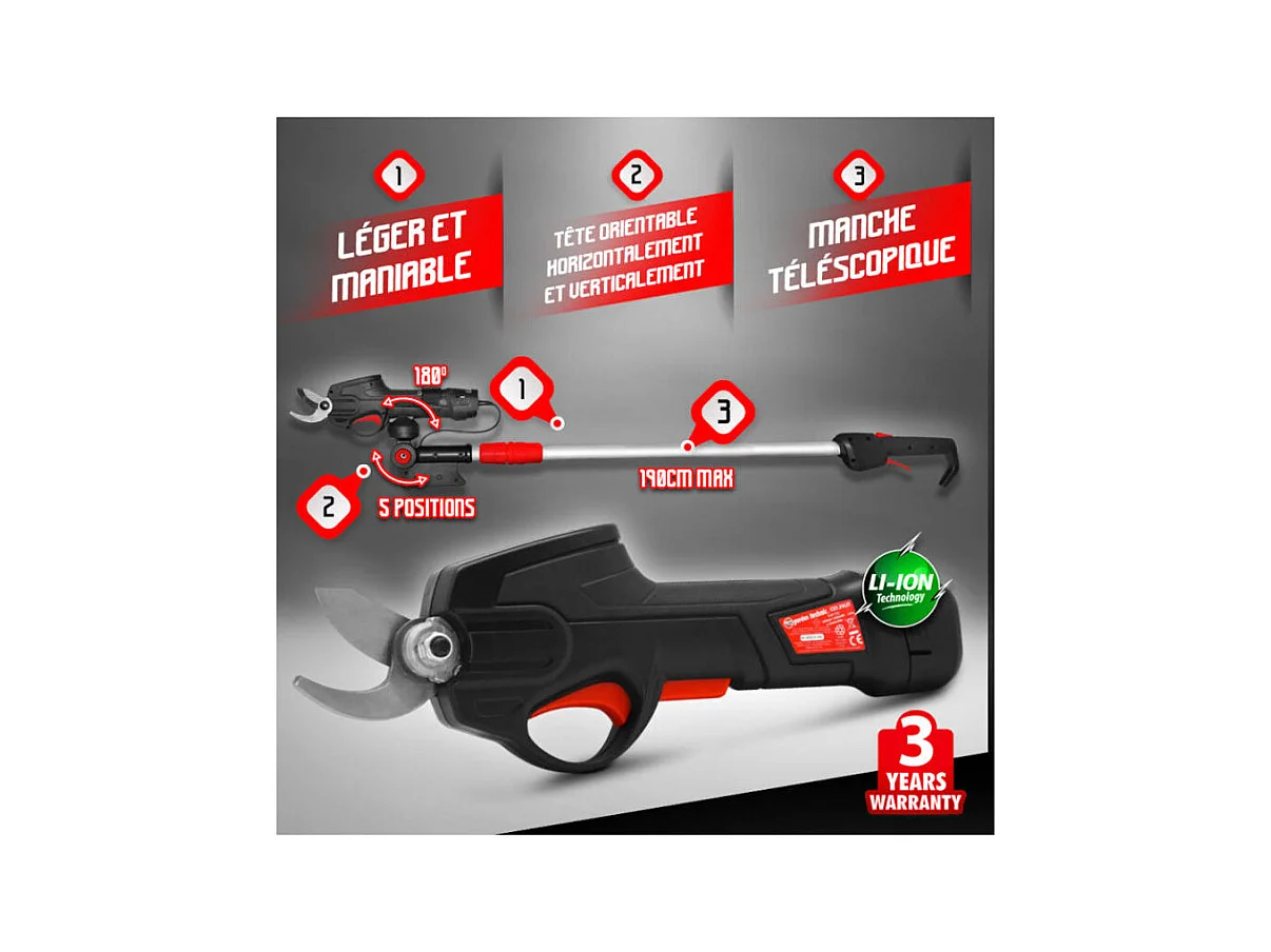 Sécateur rechargeable 7.2V Lithium avec perche télescopique - Elem Garden Technic