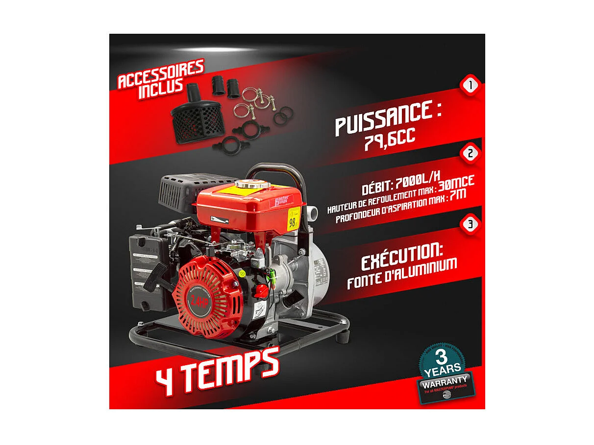 Pompe à eau thermique eaux claires 4 temps 79.6 cm³ 7000 l/h - Master Pumps