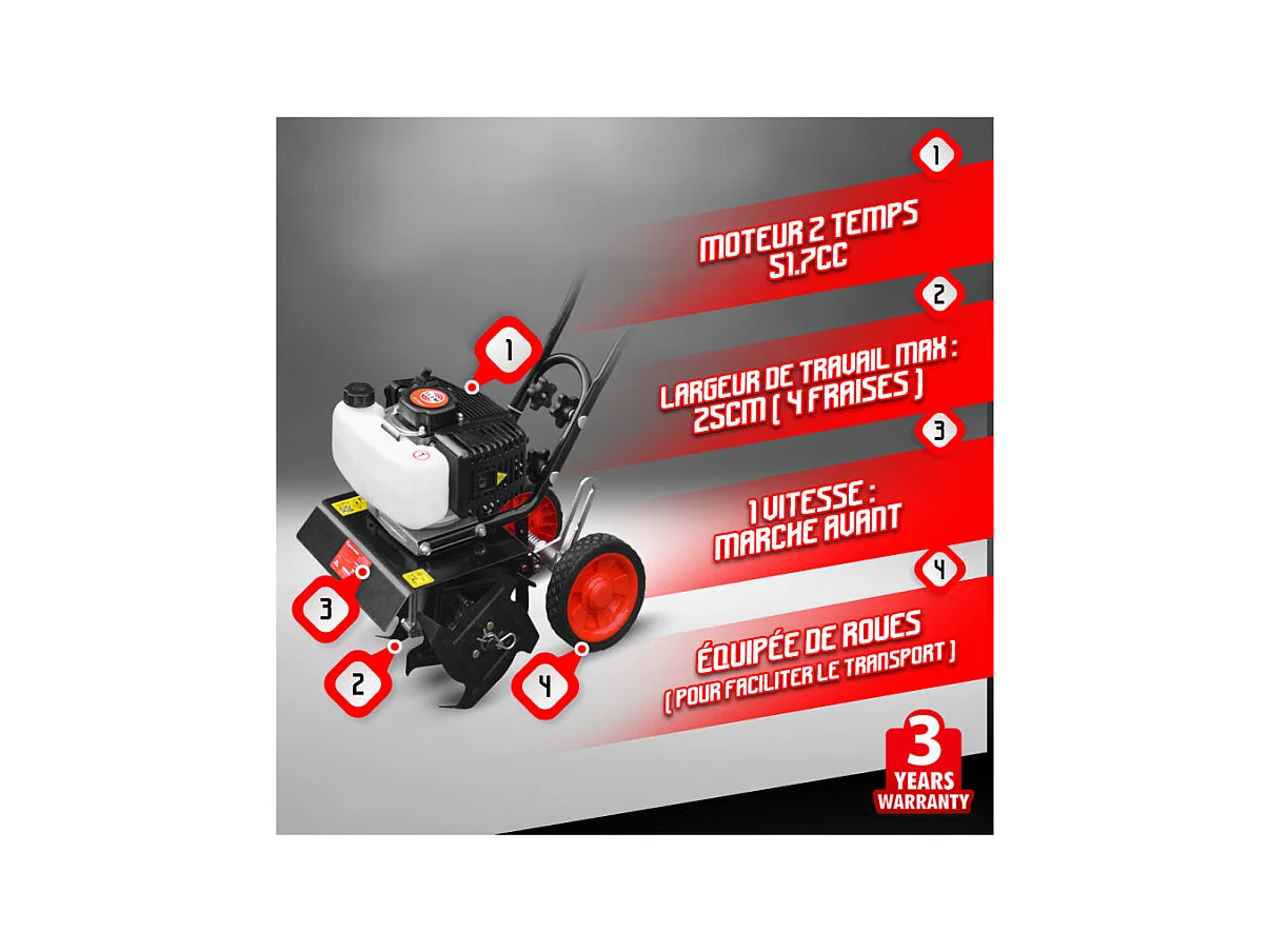 Motobineuse Thermique Elem Garden Technic - 51,7 cc - 25 cm - 4 Fraises