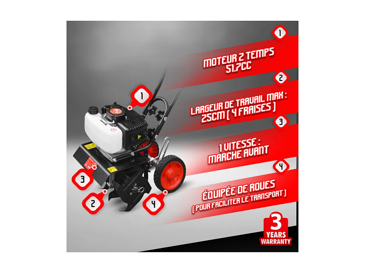Motobineuse Thermique Elem Garden Technic - 51,7 cc - 25 cm - 4 Fraises
