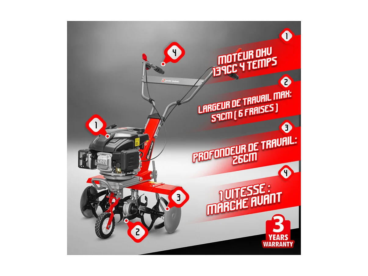Motoculteur Thermique 139cc - 6 Fraises - Elem Garden Technic