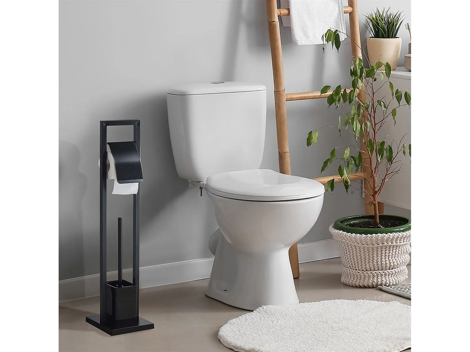 Porte-papier toilette TOMA support sur pied avec porte brosse à WC, en métal noir