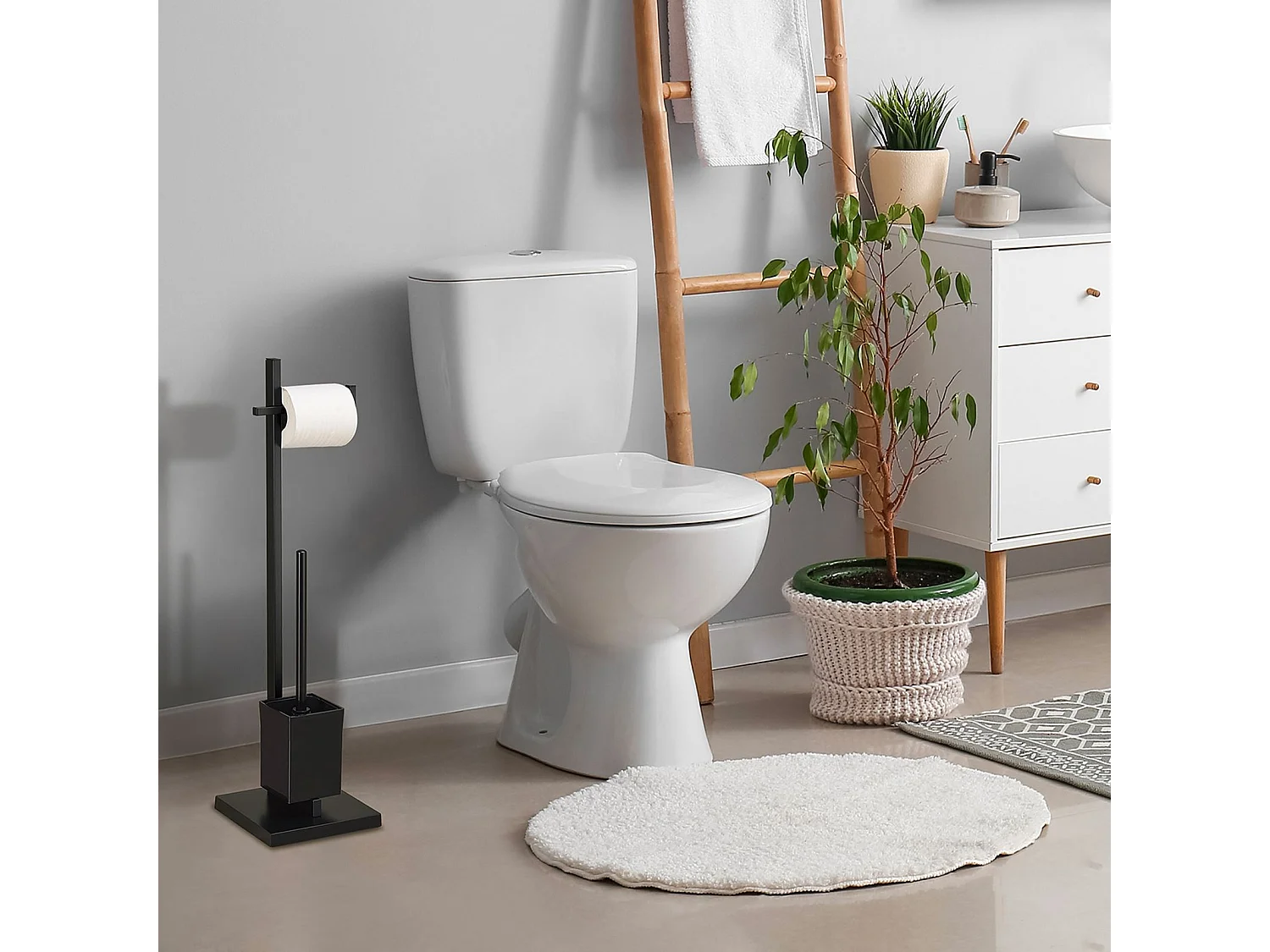 Porte-papier toilette YUMA avec brosse et support, dérouleur papier WC pour salle de bain, en métal laqué noir