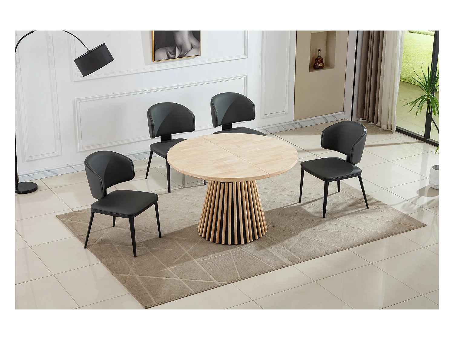 Table à manger ronde, table de repas extensible coloris Chêne naturel - Longueur 120 - 160 - 200 x Largeur 120 x Hauteur 76 cm