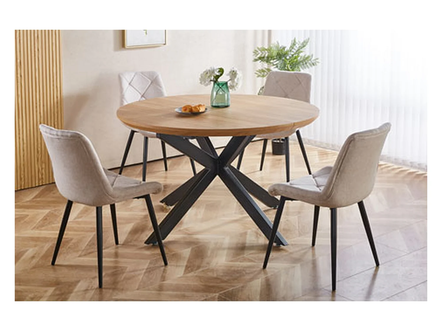Table à manger ronde extensible coloris chêne/Noir - Longueur 130-170-210 x Hauteur 76 cm