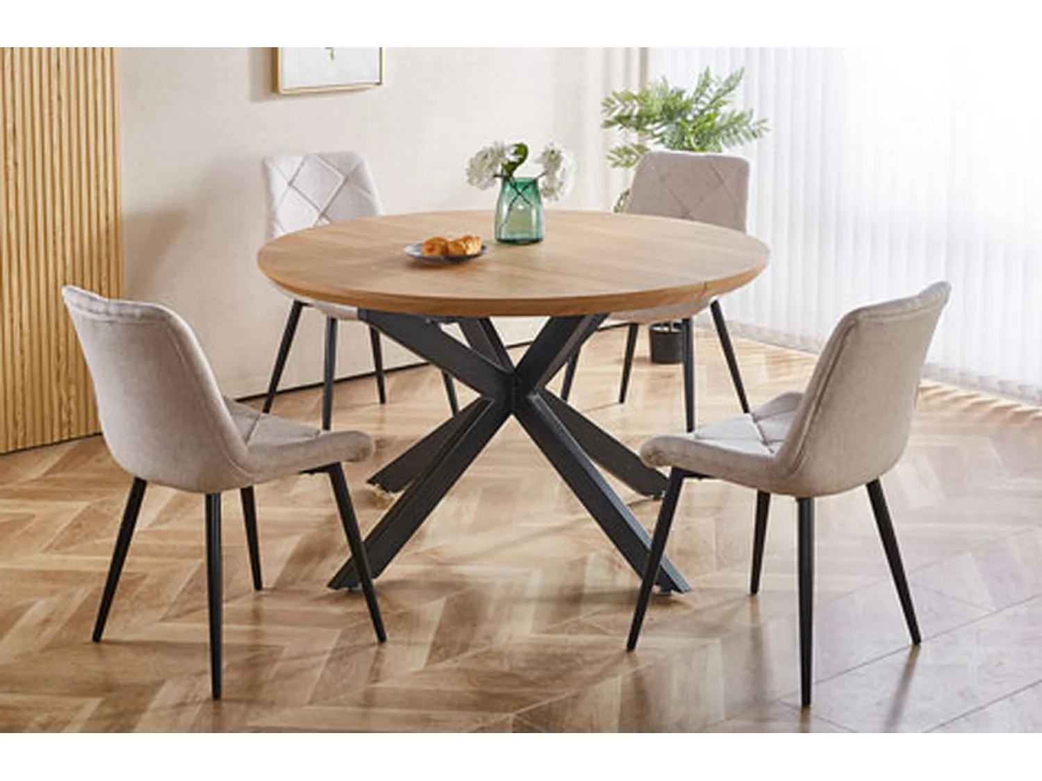 Table à manger ronde extensible coloris chêne/Noir - Longueur 130-170-210 x Hauteur 76 cm
