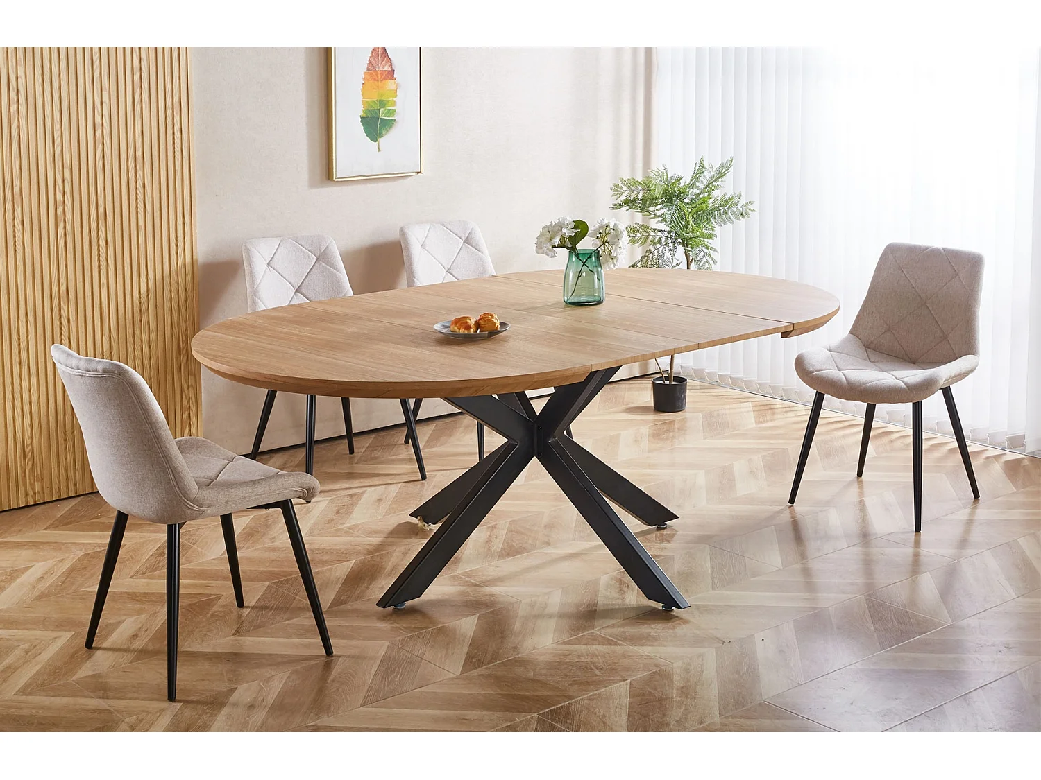 Table à manger ronde extensible coloris chêne/Noir - Longueur 130-170-210 x Hauteur 76 cm