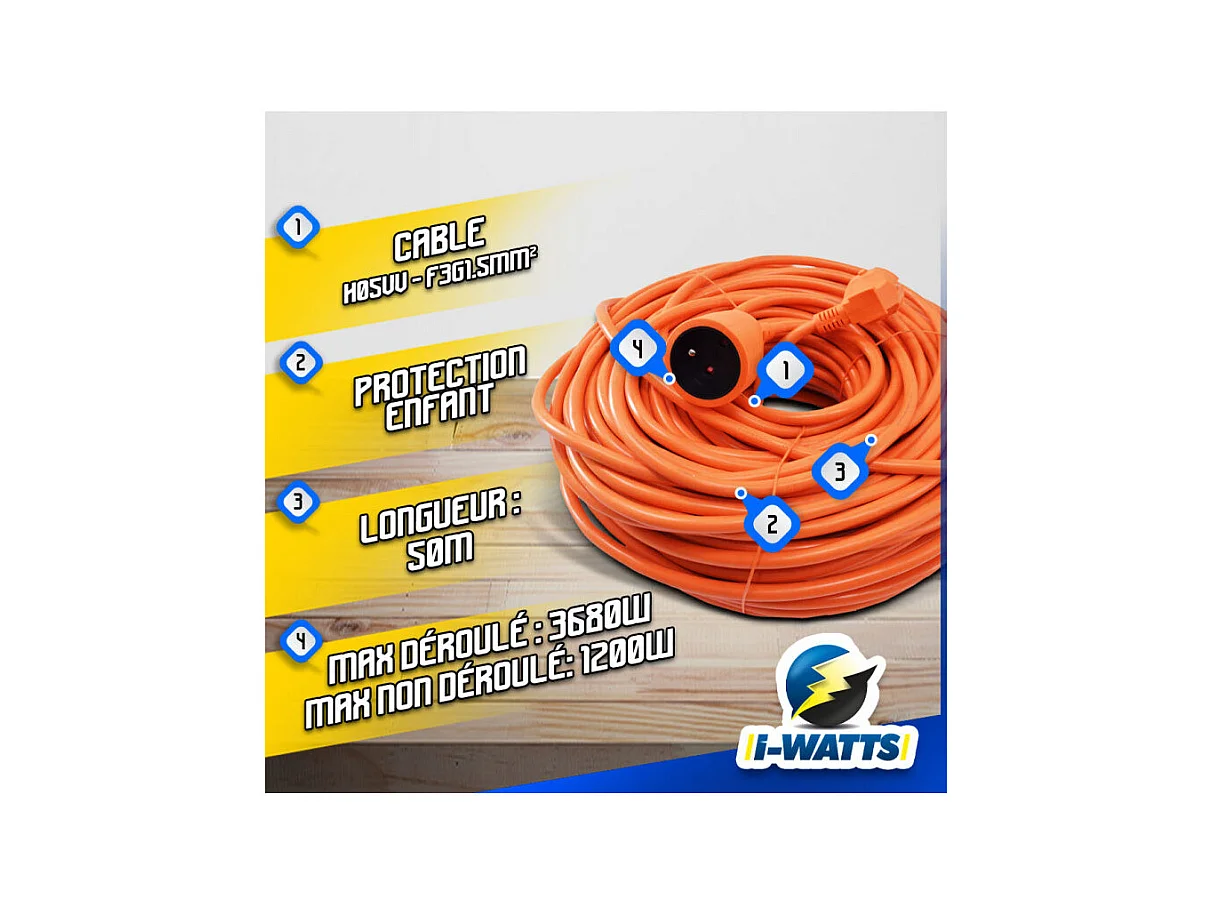 Allonge électrique 50 m - 3G * 1.5 mm² Orange - I-Watts