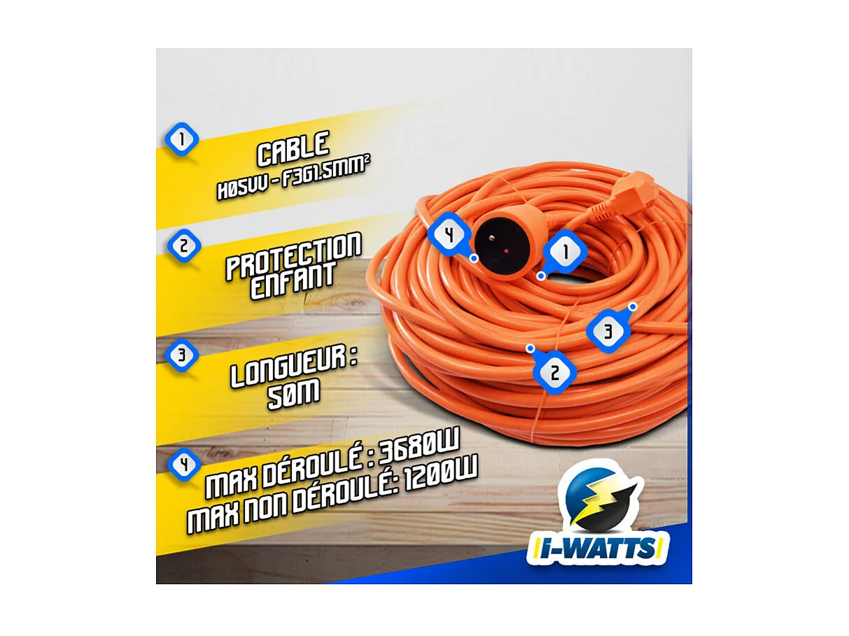 Verlängerungskabel 50m 3x1,5mm I-Watts - Kabel HO5VV-F3G1.5 - Max 3680W - NF - Kinderschutz