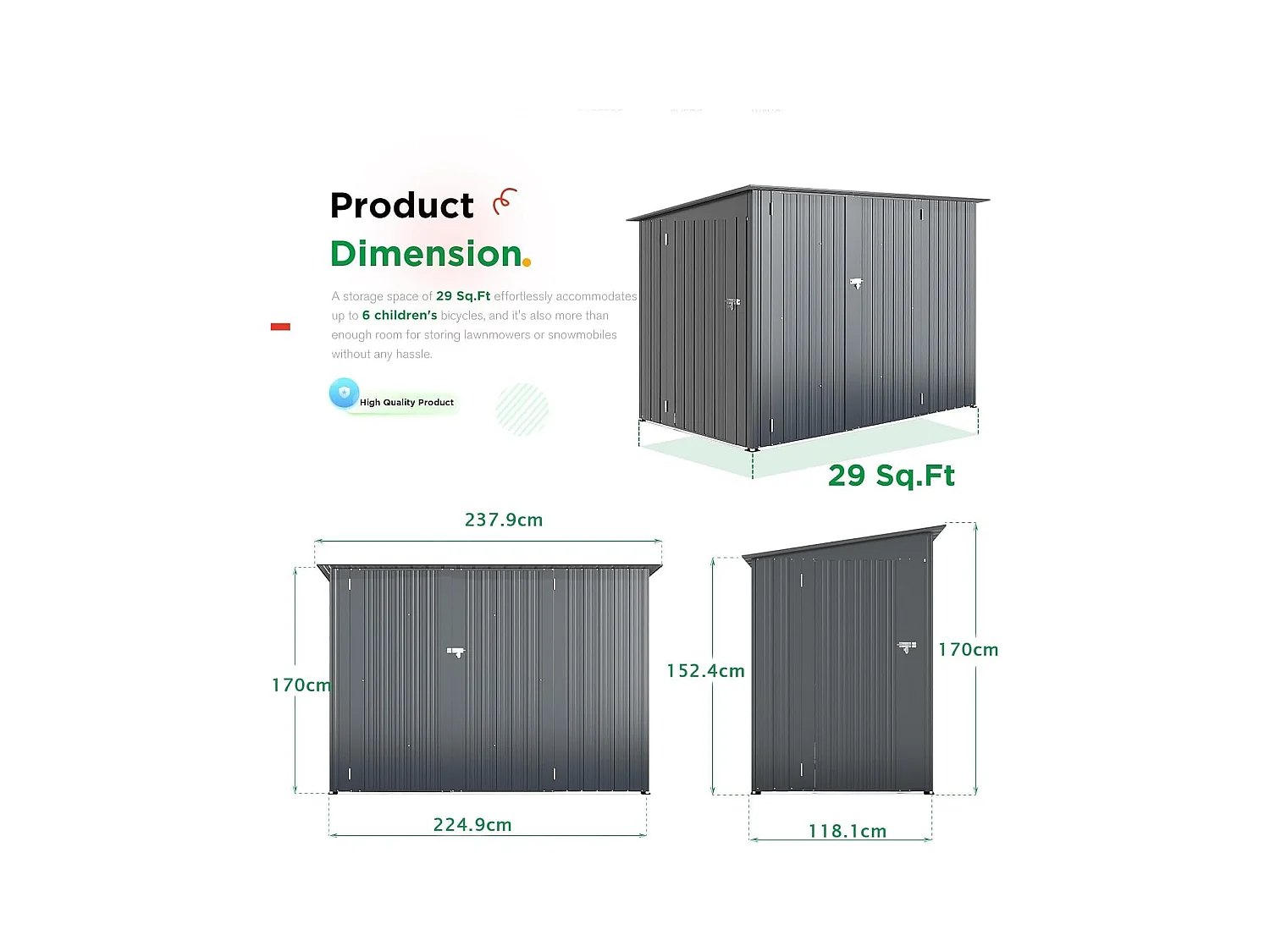 YODOLLA Abri de Jardin en Métal avec 3 Portes pour Vélo - 225 x 118 x 170 CM - Gris