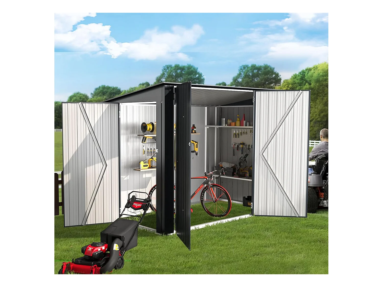 YODOLLA Abri de Jardin en Métal avec 3 Portes pour Vélo - 225 x 118 x 170 CM - Gris