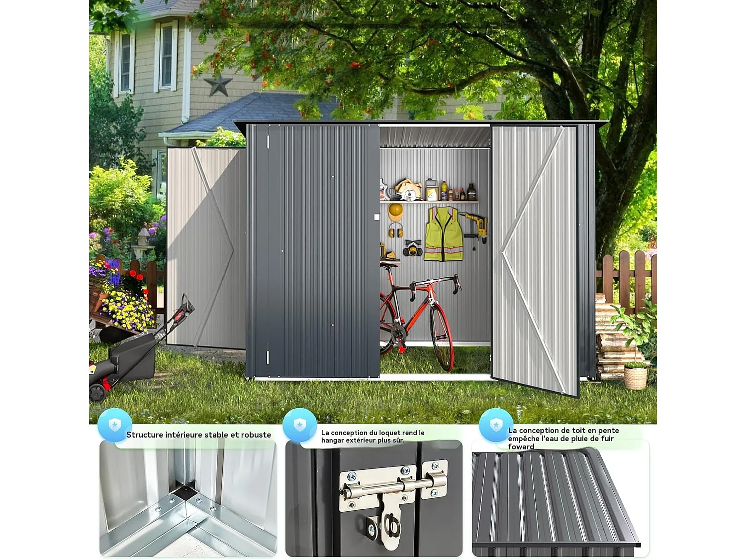 YODOLLA Abri de Jardin en Métal avec 3 Portes pour Vélo - 225 x 118 x 170 CM - Gris