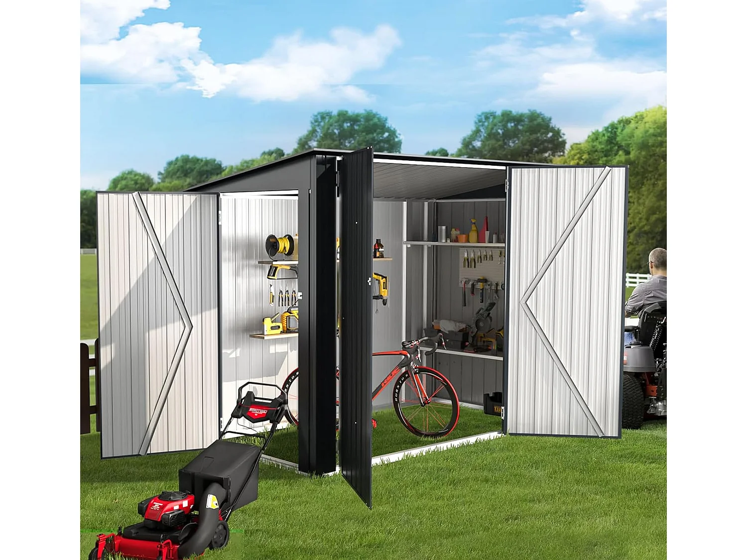 YODOLLA Abri de Jardin en Métal avec 3 Portes pour Vélo - 225 x 118 x 170 CM - Gris