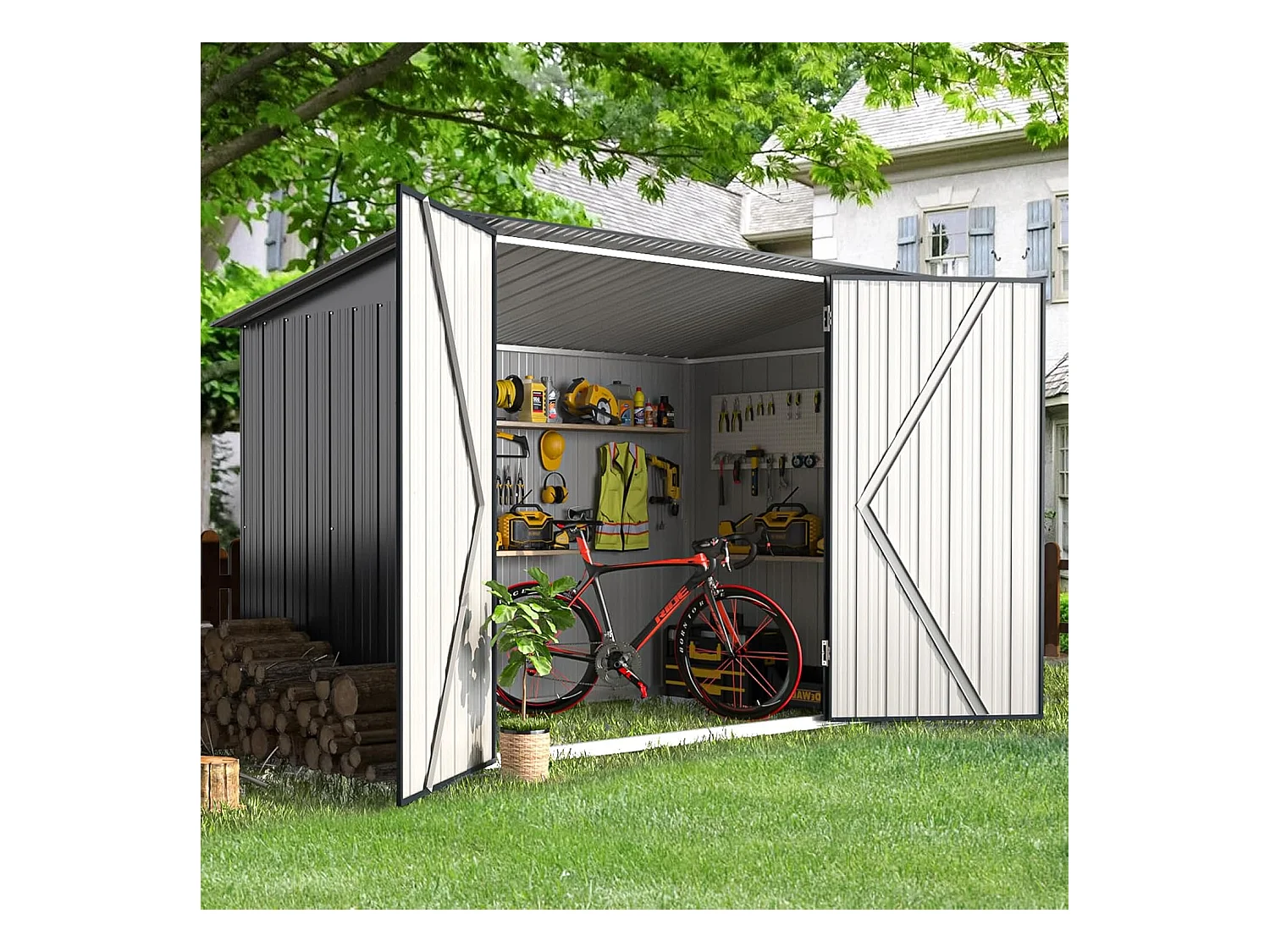 YODOLLA Abri de Jardin en Métal avec 2 Portes pour Vélo - 203 x 97 x 142 CM - Gris