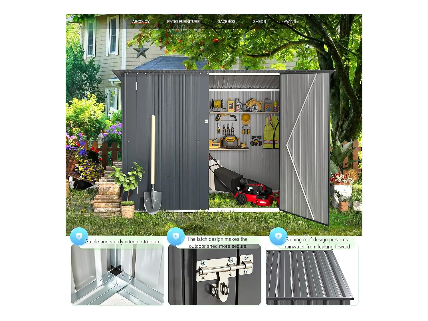 YODOLLA Abri de Jardin en Métal avec 2 Portes pour Vélo - 203 x 97 x 142 CM - Gris